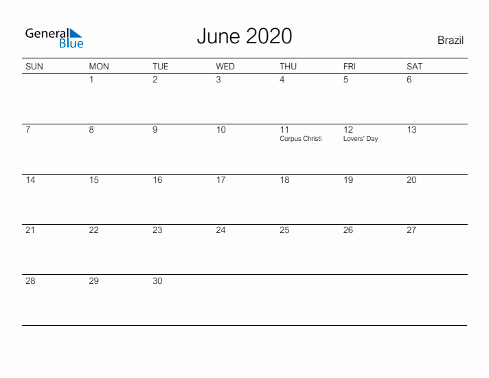 Printable June 2020 Calendar for Brazil