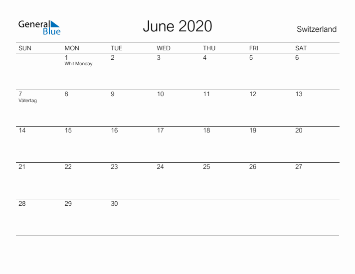 Printable June 2020 Calendar for Switzerland