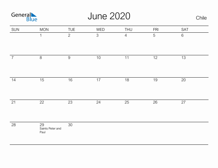 Printable June 2020 Calendar for Chile