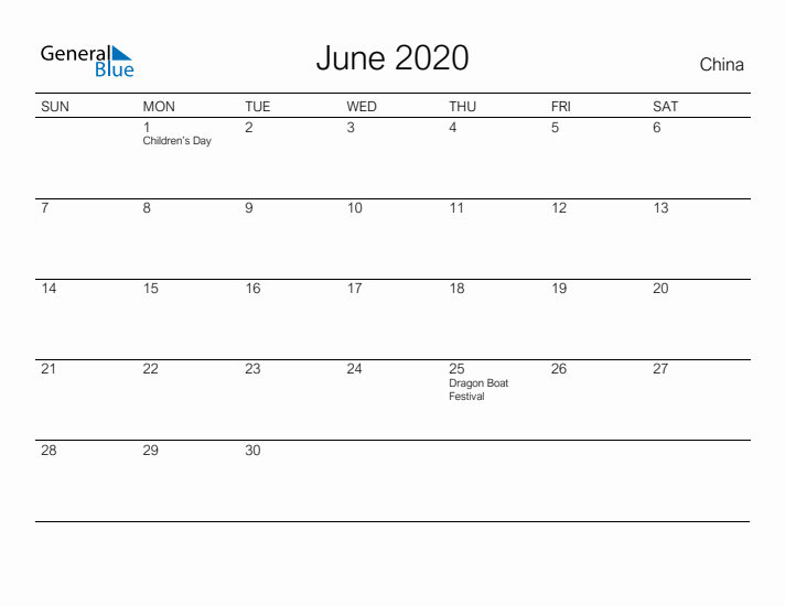 Printable June 2020 Calendar for China