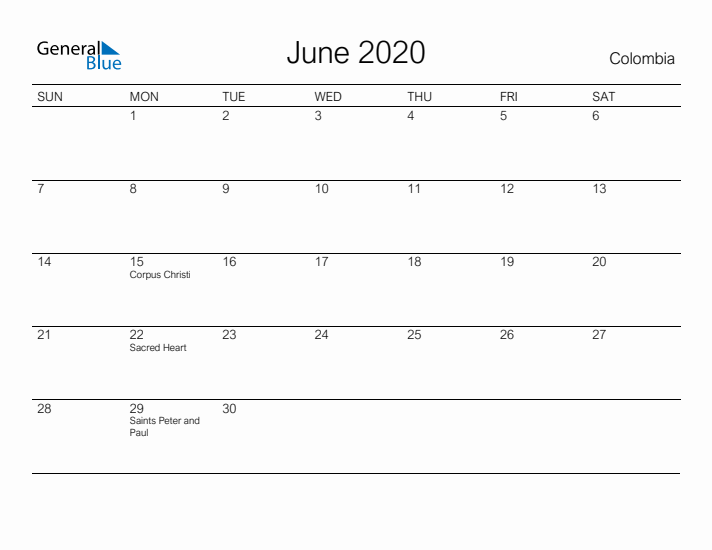 Printable June 2020 Calendar for Colombia