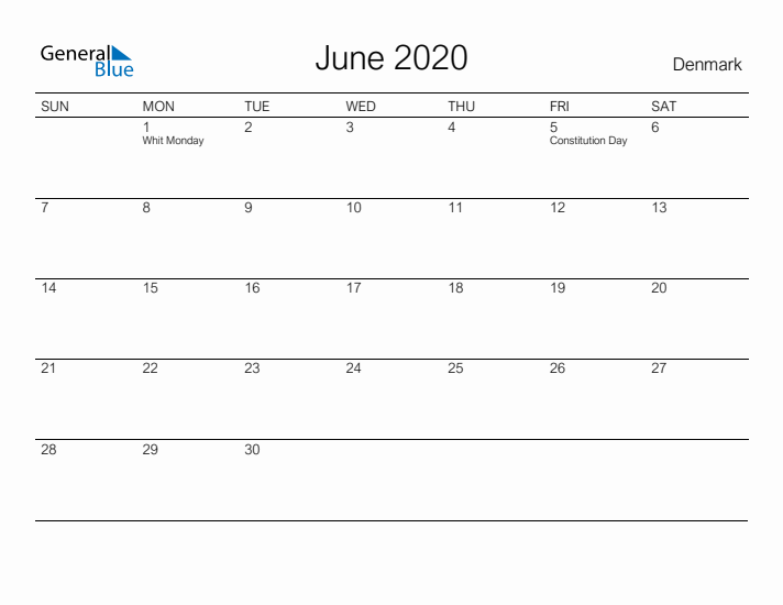 Printable June 2020 Calendar for Denmark