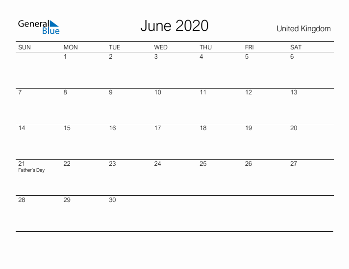 Printable June 2020 Calendar for United Kingdom