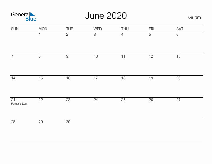 Printable June 2020 Calendar for Guam