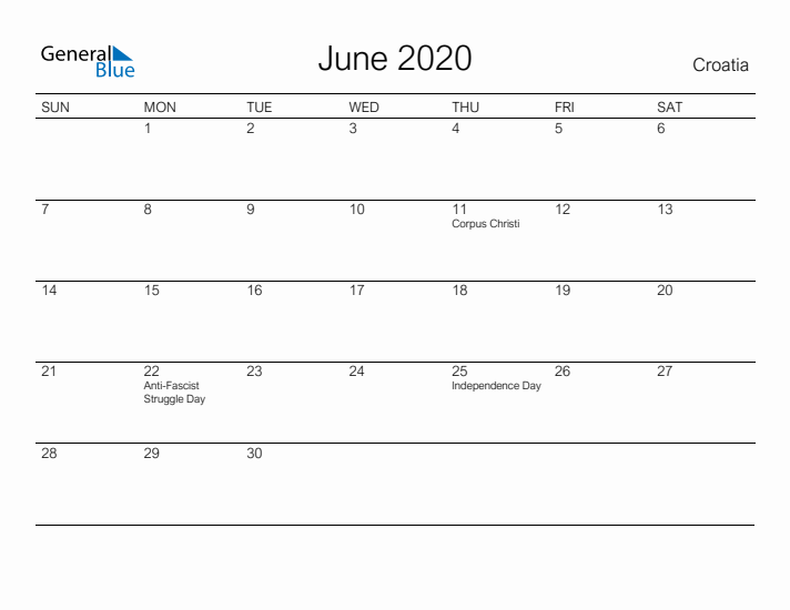 Printable June 2020 Calendar for Croatia