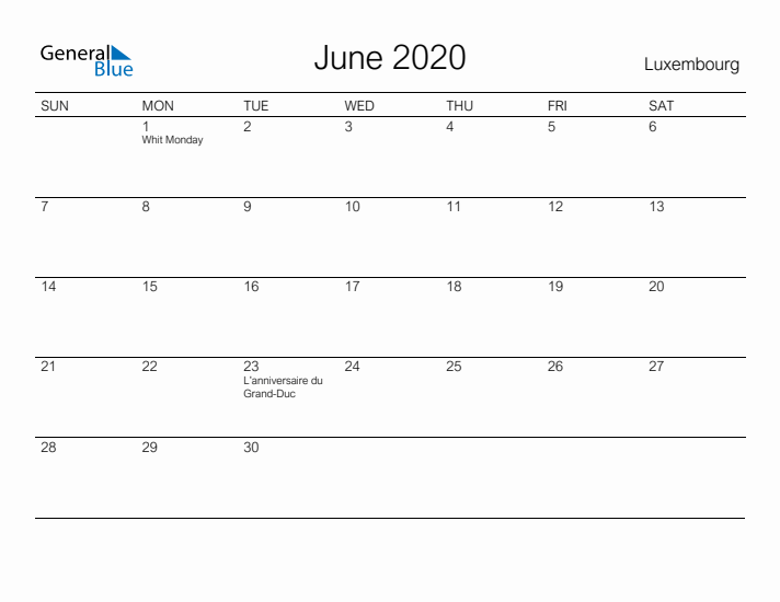 Printable June 2020 Calendar for Luxembourg