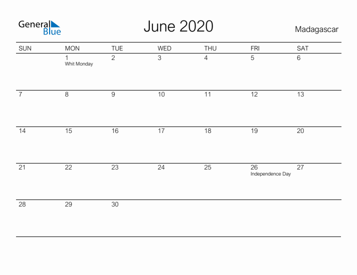 Printable June 2020 Calendar for Madagascar