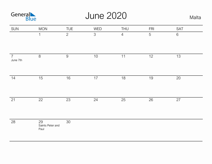 Printable June 2020 Calendar for Malta