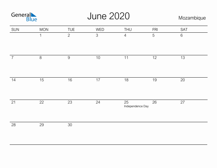 Printable June 2020 Calendar for Mozambique