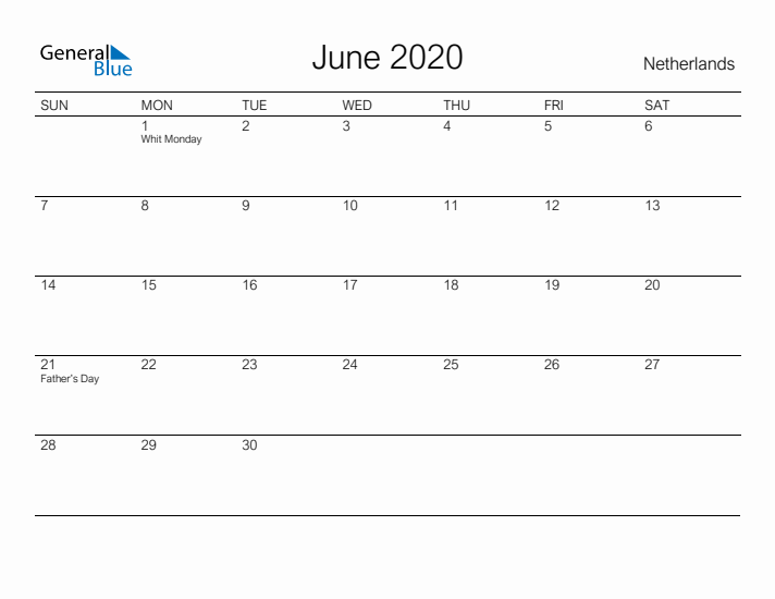 Printable June 2020 Calendar for The Netherlands