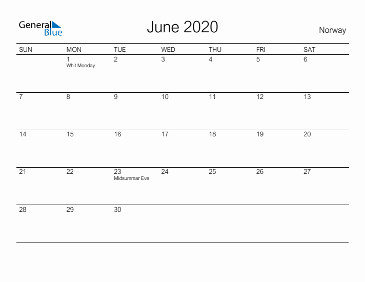 Printable June 2020 Calendar for Norway