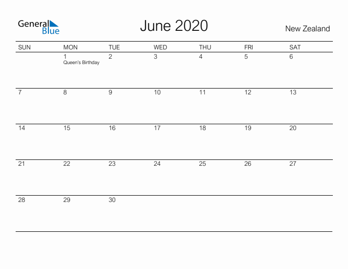 Printable June 2020 Calendar for New Zealand