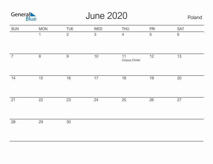 Printable June 2020 Calendar for Poland