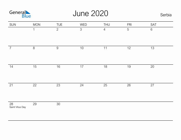 Printable June 2020 Calendar for Serbia