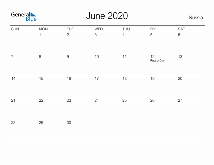 Printable June 2020 Calendar for Russia