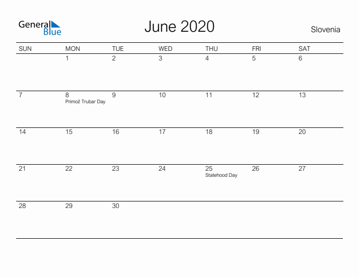 Printable June 2020 Calendar for Slovenia