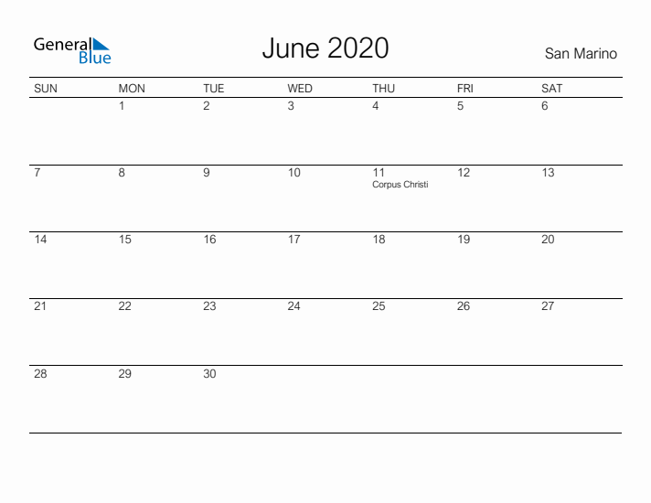 Printable June 2020 Calendar for San Marino