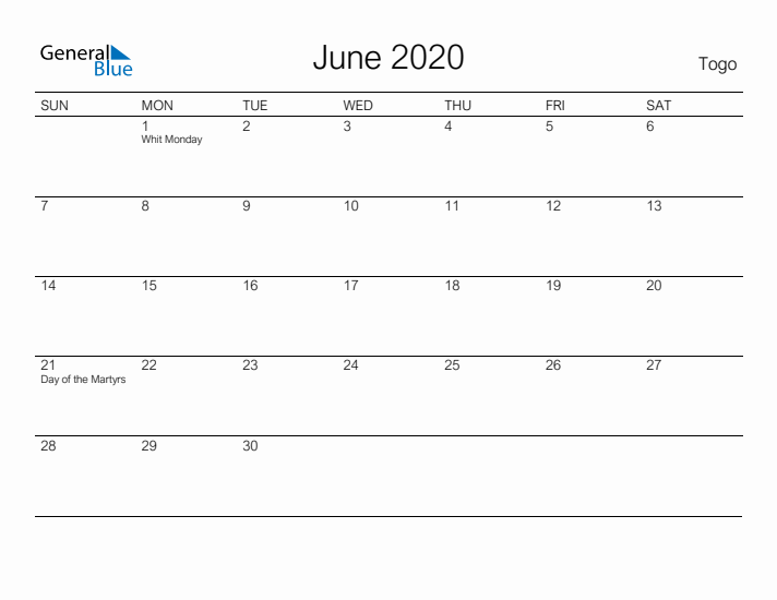 Printable June 2020 Calendar for Togo