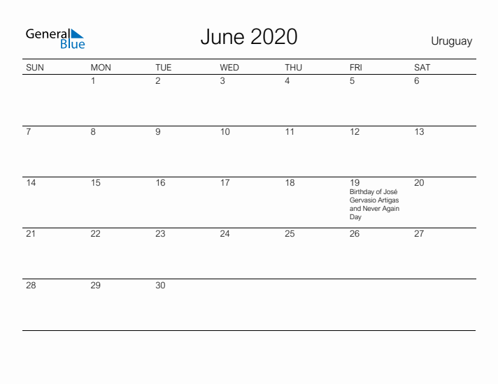 Printable June 2020 Calendar for Uruguay