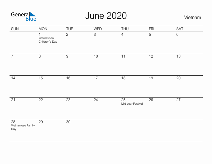 Printable June 2020 Calendar for Vietnam