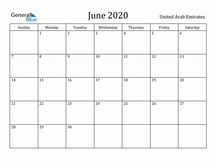 June 2020 Calendar United Arab Emirates