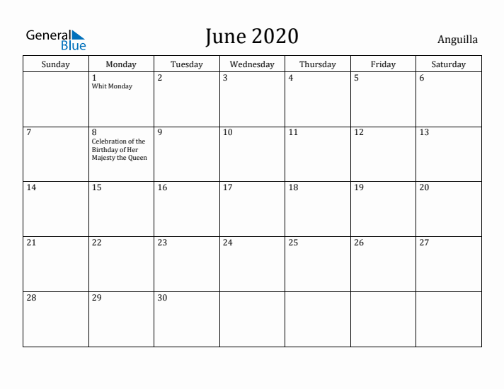 June 2020 Calendar Anguilla