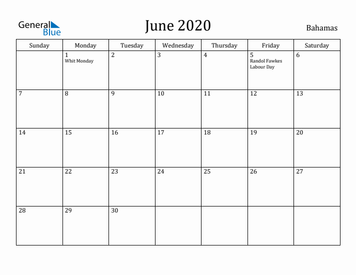 June 2020 Calendar Bahamas