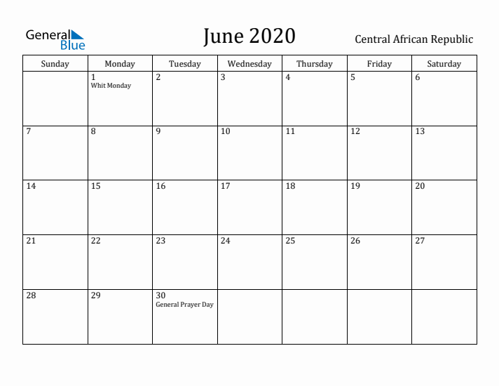 June 2020 Calendar Central African Republic