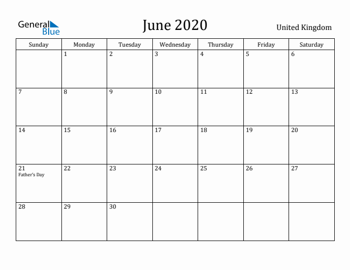 June 2020 Calendar United Kingdom