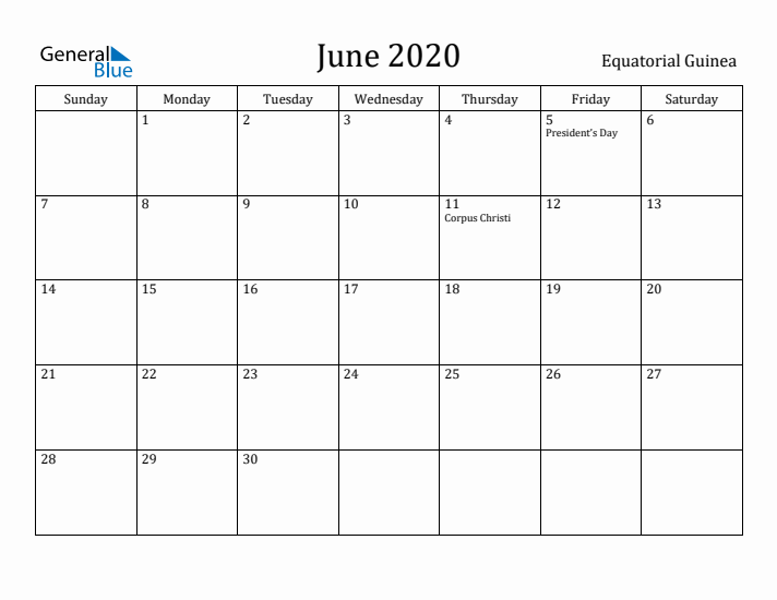 June 2020 Calendar Equatorial Guinea