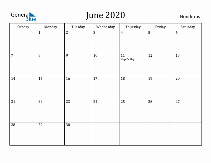 June 2020 Calendar Honduras