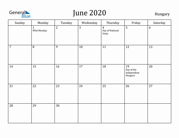 June 2020 Calendar Hungary