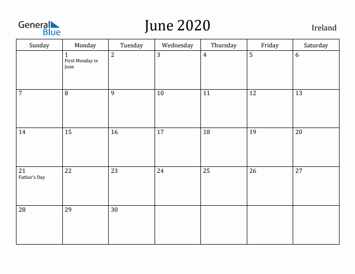 June 2020 Calendar Ireland