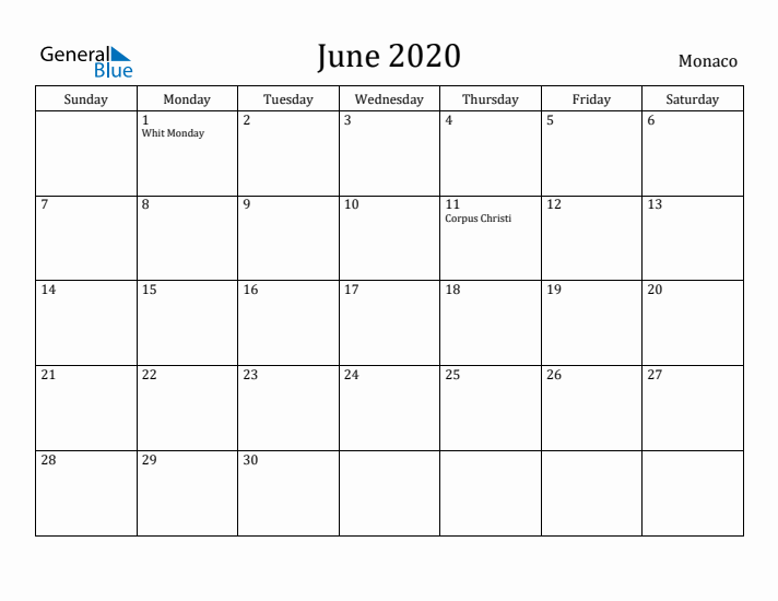 June 2020 Calendar Monaco