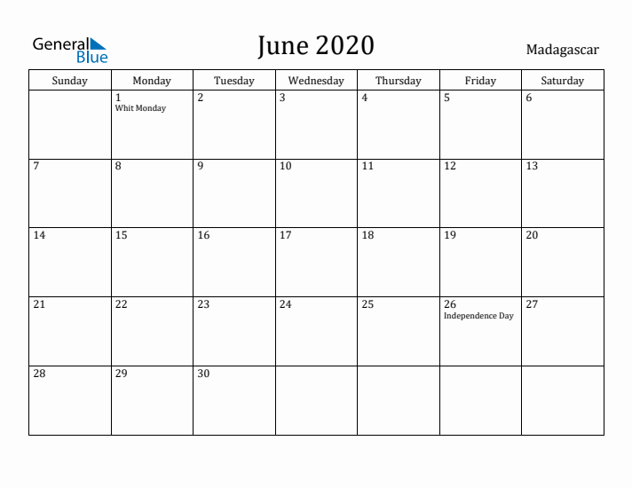 June 2020 Calendar Madagascar