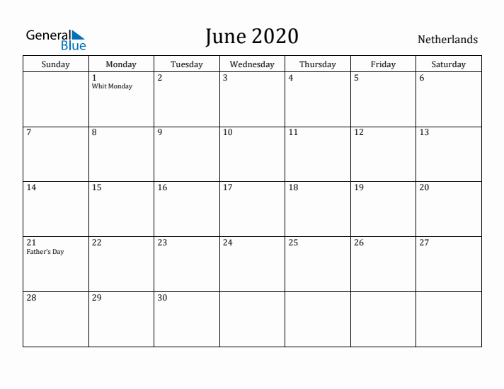 June 2020 Calendar The Netherlands