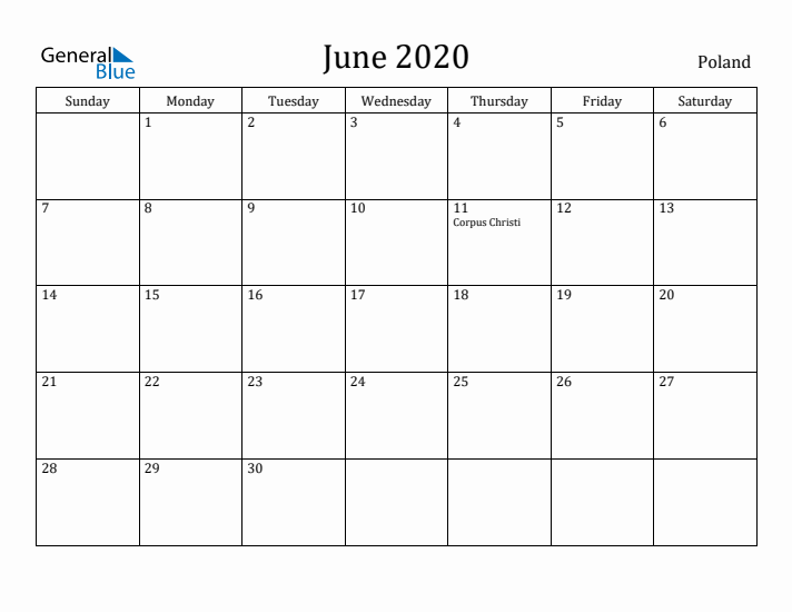 June 2020 Calendar Poland