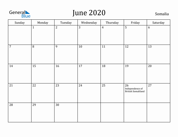 June 2020 Calendar Somalia