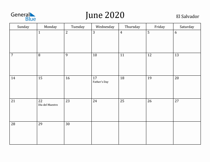 June 2020 Calendar El Salvador