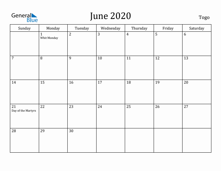 June 2020 Calendar Togo