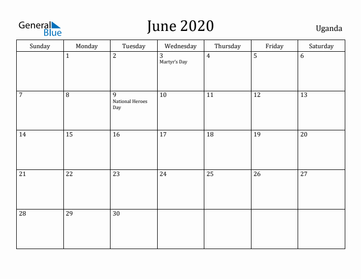 June 2020 Calendar Uganda