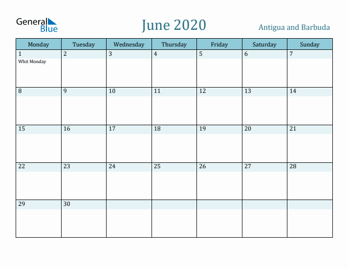 June 2020 Calendar with Holidays