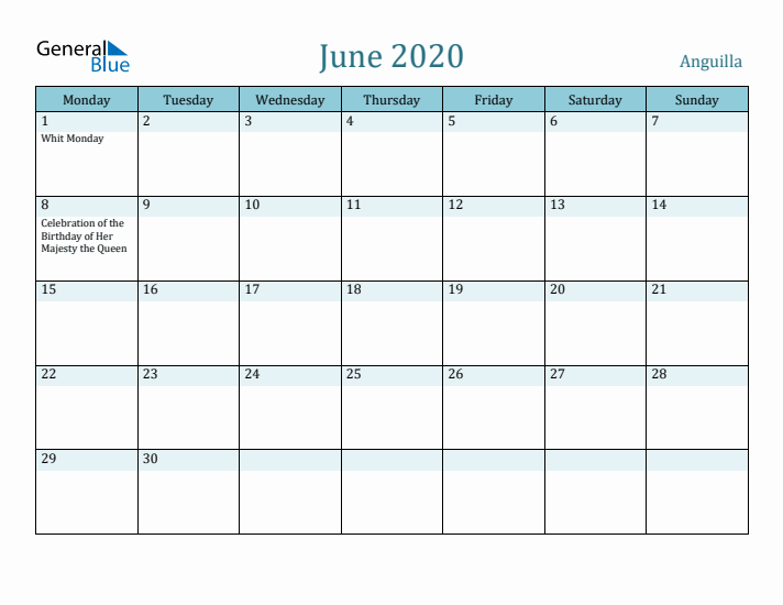 June 2020 Calendar with Holidays