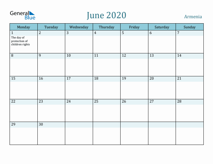 June 2020 Calendar with Holidays