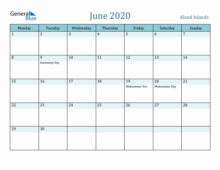 June 2020 Calendar with Holidays