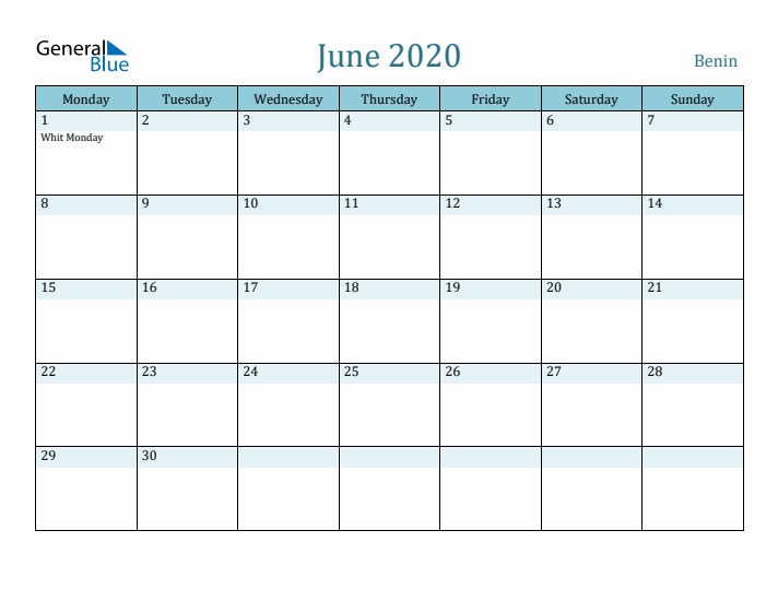 June 2020 Calendar with Holidays