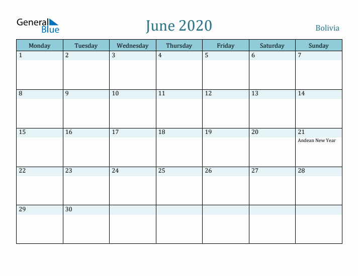 June 2020 Calendar with Holidays