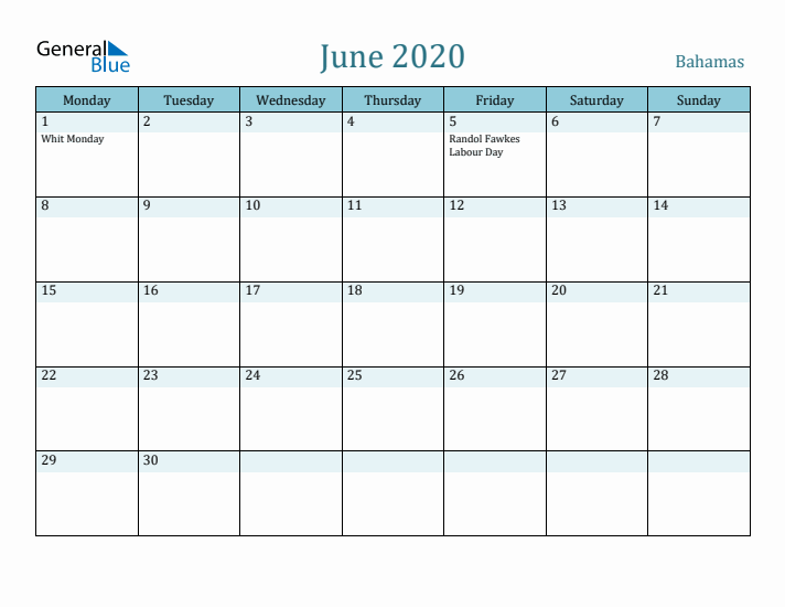 June 2020 Calendar with Holidays