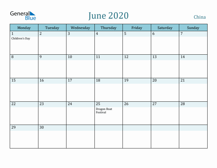 June 2020 Calendar with Holidays