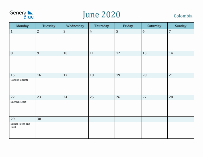 June 2020 Calendar with Holidays